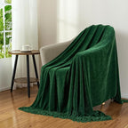 Chenille Throw Blanket for Couch with Tassels,60"X80" Soft Cozy Lightweight Knitted Boho Decorative Blankets for Bed and Sofa,Dark Green