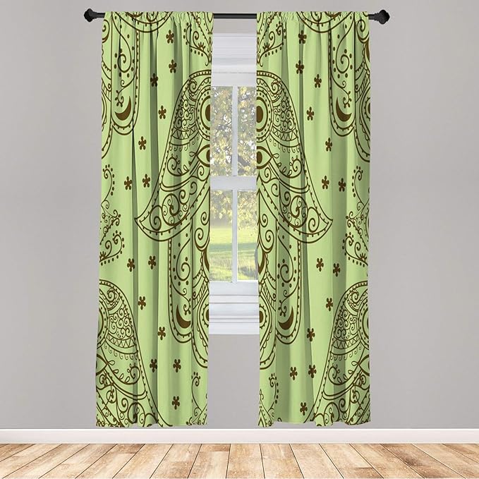 Lunarable Hamsa Window Curtains, Egyptian Boho Hand Shape Pattern Eye Design Bridal Night Inspired Art, Lightweight Decorative 2-Panel Set & Rod Pocket, Pair of - 28" x 95", Pistachio Green