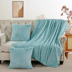 Striped Throw Blanket and Pillow Covers Set (No Inserts) for Couch and Bed, Plush Warm Lightweight Fuzzy Faux Fur Blanket for All Seasons (50" x 60", Pastel Blue)