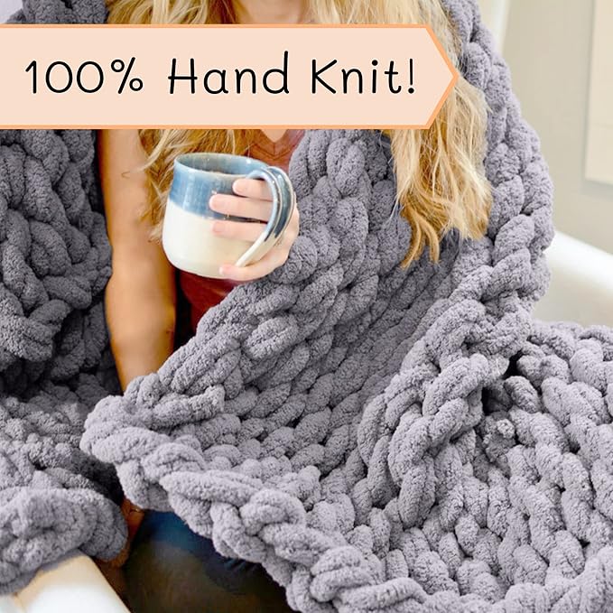 Adyrescia Chunky Knit Blanket Throw | 100% Hand Knit with Jumbo Chenille Yarn (40"x50", Lilac Gray)
