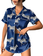 Ekouaer Womens Silk Satin Pajama Set Print Short Sleeve Sleepwear Button Down Pjs Shorts Set Loungewear