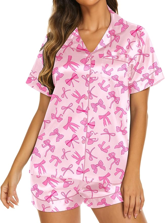 Ekouaer Silk Pajamas for Women Short Sleeve Sleepwear Soft Button Down Loungewear 2 Piece Satin Pjs Shorts Set