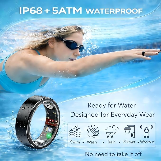 Smart Ring Health & Fitness Tracker for Men & Women – Sleep, Heart Rate & SpO₂ Monitoring, Stress & Activity Tracking, Women’s Health Support, 180+ Sports Modes, IP68 Waterproof, No Subscription Fee