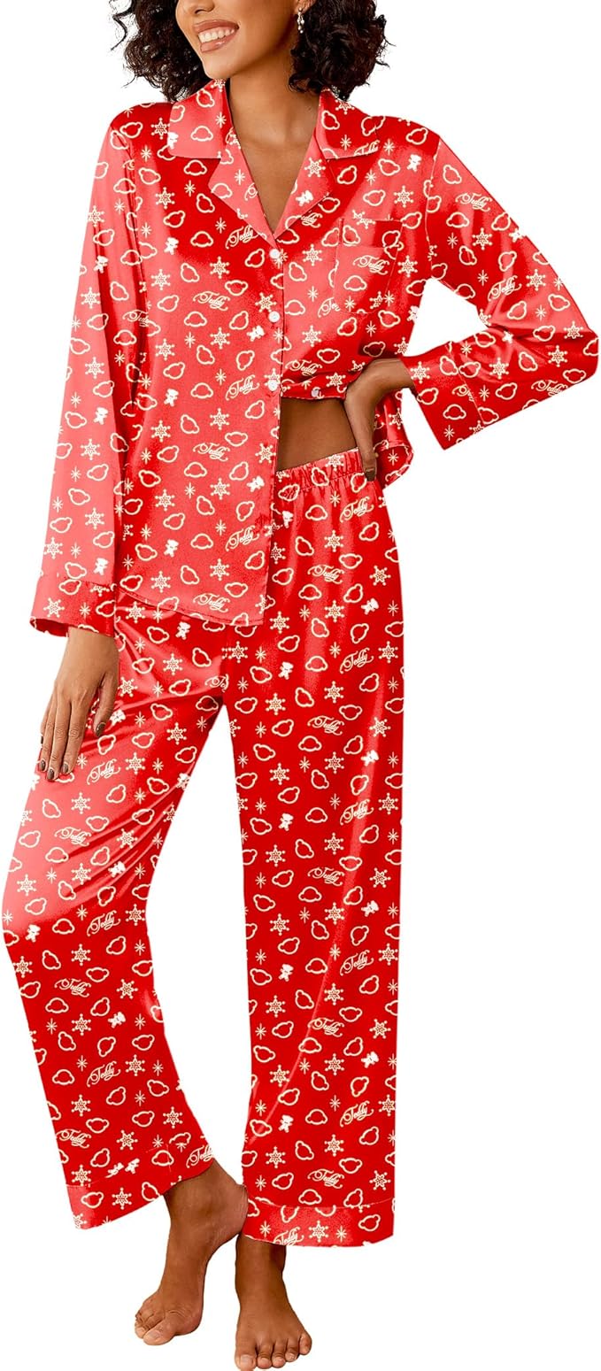 Ekouaer Womens Silk Satin Pajama Sets 2 Piece Sleepwear Pjs Set Long Sleeve Button Down Top and Pants Stripe Loungewear S-XXL