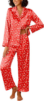Ekouaer Womens Silk Satin Pajama Sets 2 Piece Sleepwear Pjs Set Long Sleeve Button Down Top and Pants Stripe Loungewear S-XXL