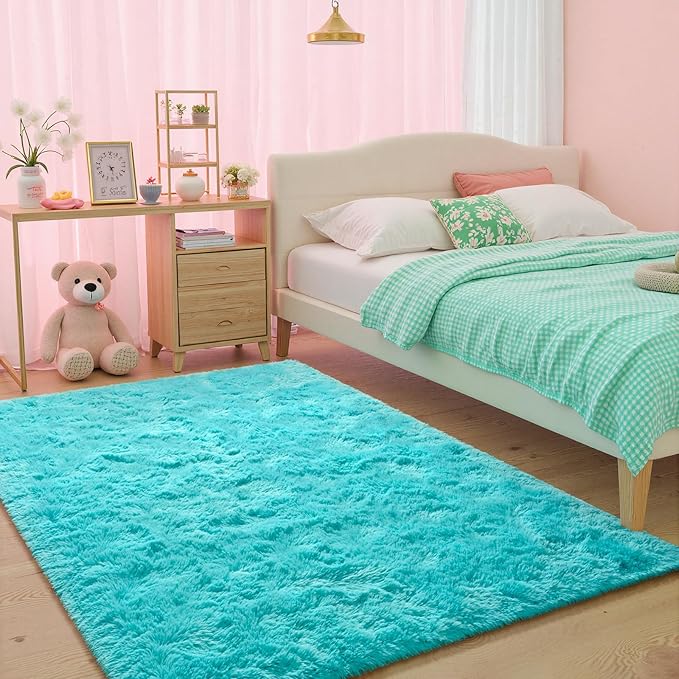 junovo 3x5 Blue Washable Area Rug for Girls Bedroom, Soft Non-Slip Fluffy Bedside Rugs, Shag Plush Memory Foam Carpet for Kids Room Baby Nursery Home Decor Aesthetic