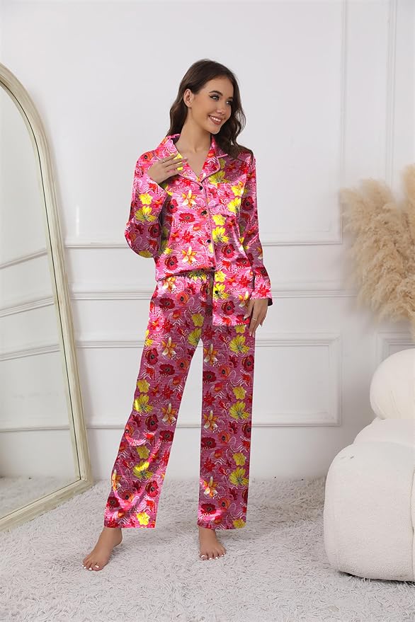 Ekouaer Pajamas For Women Set Silk Pjs 2 Piece Satin Sleepwear Long Sleeve Button Down Lounge Sets With Pant
