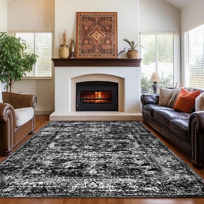 Washable Area Rug 4x6 – Soft Vintage Black and Grey Distressed Carpet for Bedroom, Living Room, Entryway, Kitchen, or Office – Low Pile Indoor Mat for Home Decor