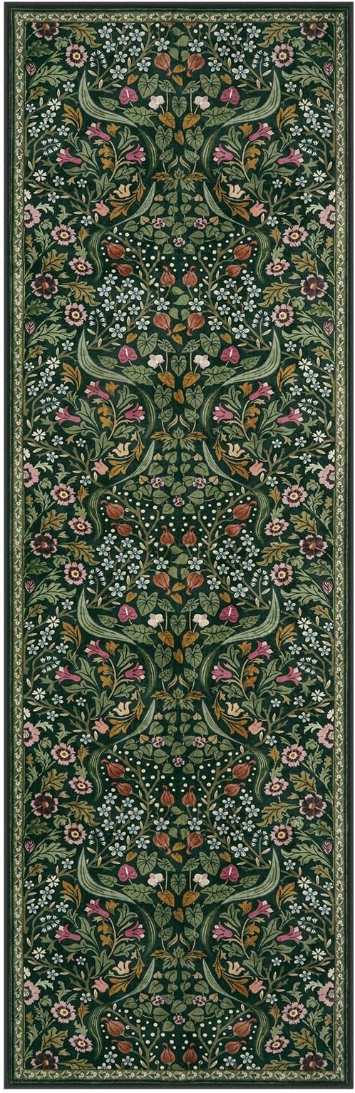 Lahome Claude Floral Kitchen Runner Rug, 2.6x8 Green Non Slip Hallway Runner Rug, Soft Thin Stain Resistant Long Carpet for Laundry, Washable Boho Carpets for Bathroom Entryway