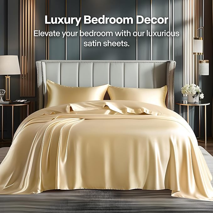 BEDELITE Satin Sheets Twin XL Size Bed Set, Luxury Soft Champagne Silky Sheet for Hair and Skin, Similar to Silk Bed Sheets Set 3 Pieces with 1 Deep Pocket Fitted Sheet, 1 Flat Sheet, and 1 Pillowcase
