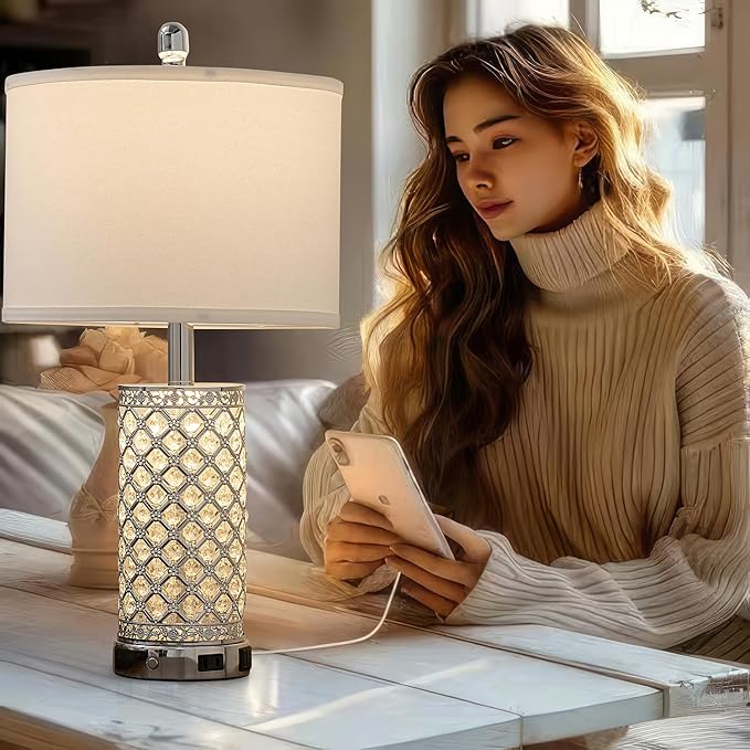 SAIWEYA Crystal Table Lamps Set of 2, 3-Way Dimmable Bedside Lamp with 2 USB Ports & AC Outlets for Living Room Bedroom Nightstand Lamp Night Light (Silver- 2 Pack 24In)