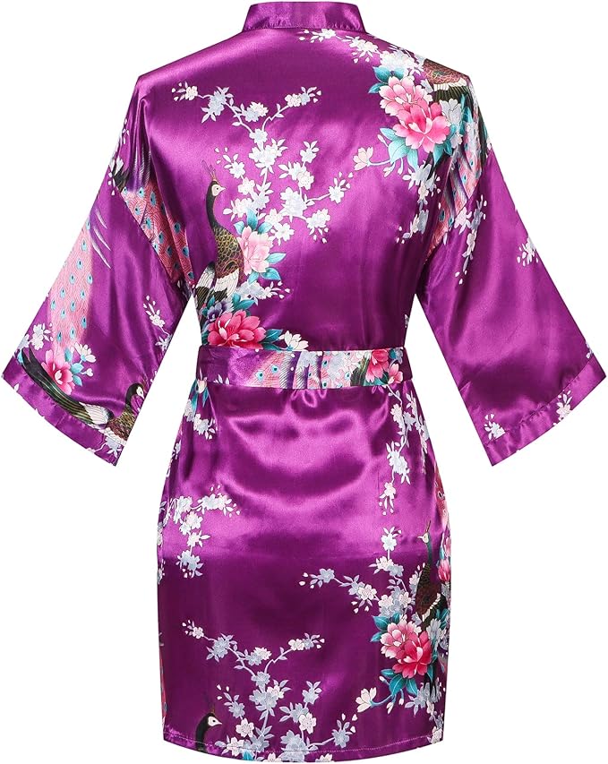 Women's Short Kimono Robes Bride and Bridesmaid Satin Floral Bathrobe Peacock Sleepwear Dressing Gown for Wedding Party