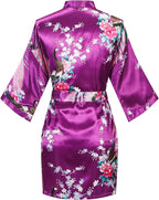 Women's Short Kimono Robes Bride and Bridesmaid Satin Floral Bathrobe Peacock Sleepwear Dressing Gown for Wedding Party