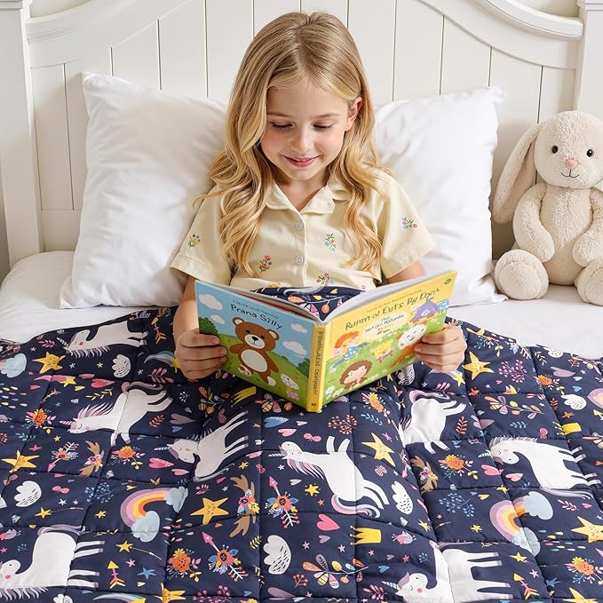 Kivik Unicorn Weighted Blanket 5 lbs, Cooling Breathable Small Blankets, Soft Heavy Throw for School Calming & Bed Sleep Gifts for 4 5 6 7 + Year Old, Machine Washable, 36''x 48'', 5 Pounds, Navy Blue