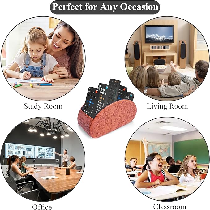 QIELIZI Remote Control Holder, PU Leather Remote Caddy Desktop Organizer with 5 Spacious Compartments for TV Remotes/Media Controllers/Office Supplies (1-Carved Brown