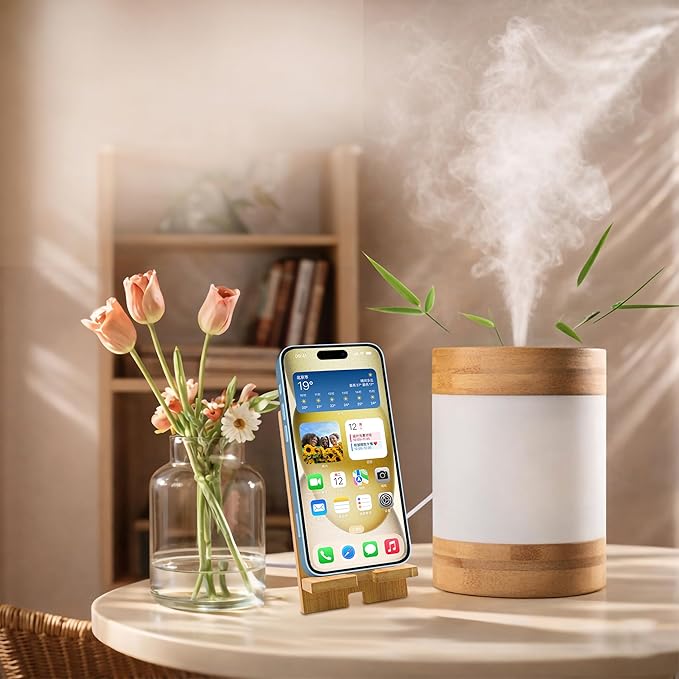 Premium Sustainable Bamboo Mini Humidifier (Improved Version) – 400ml Ultrasonic Cool Mist, Quiet Desktop Design with Phone Stand, Dual LED Light, USB-C, Auto Shut-Off for Bedroom & Office