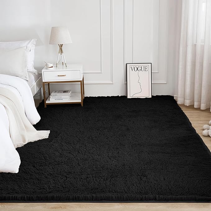 Litanika 6x9 Shag Area Rug for Living Room Bedroom, Black High Pile Ultra Soft Plush Shaggy Furry Bedside Playroom Dorm Carpet, Non-Slip, Non-Shedding Modern Indoor Floor Rug