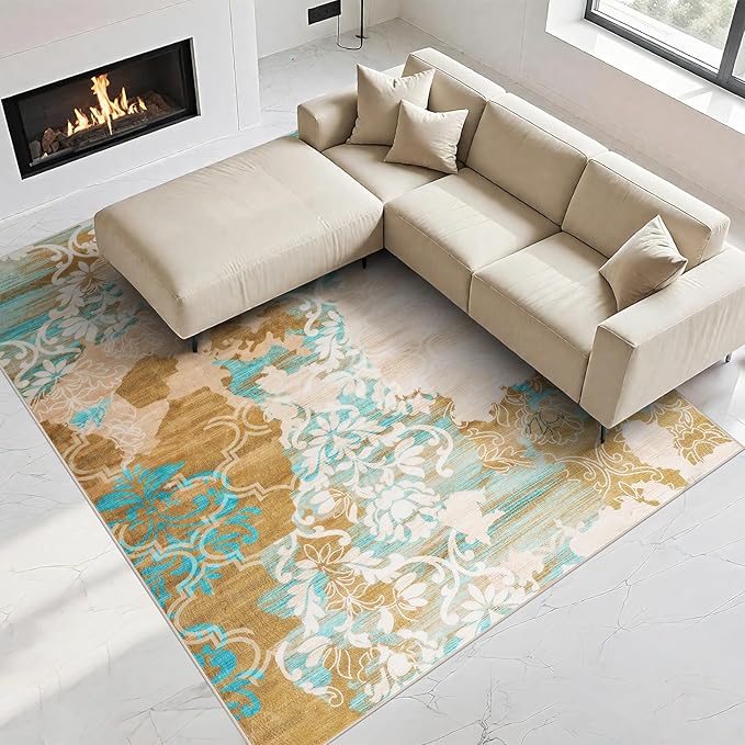 CRYPTOLITE Area Rugs 8x10 Rug for Living Room Abstract Washable Rug with Non-Slip Backing Low Pile Area Rug for Bedroom, Dining Room, Orange-Yellow