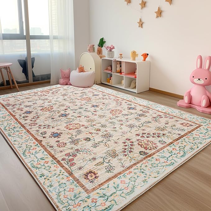 CRYPTOLITE Area Rug for Living Room, 9x12 Machine Washable Non Slip Large Faux Wool Throw Rug, Low Pile & Non-Shedding Boho Large Carpet Rugs for for Dining Room, Bedroom, Office (Pale Yellow)