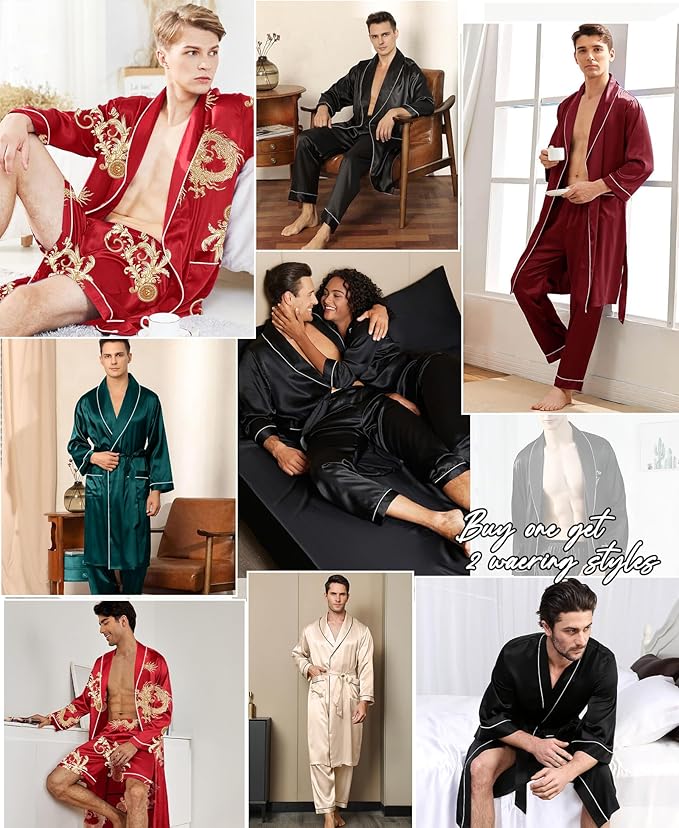 SWOMOG Men's Satin Robe 3 Pcs Silky Kimono Bathrobe Set Lightweight Soft Loungewear Nightwear