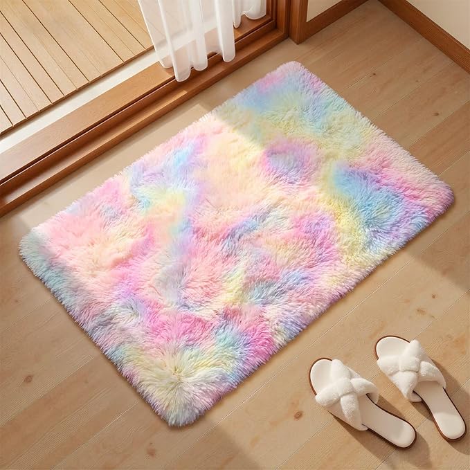 junovo Washable, Non-Slip Area Rug, Soft Rainbow Area Rug for Girl's Room, Children's Play mat, Baby Girl Bedroom Nursery Home Bedroom, 2ft x 3ft Tie-Dyed Rainbow