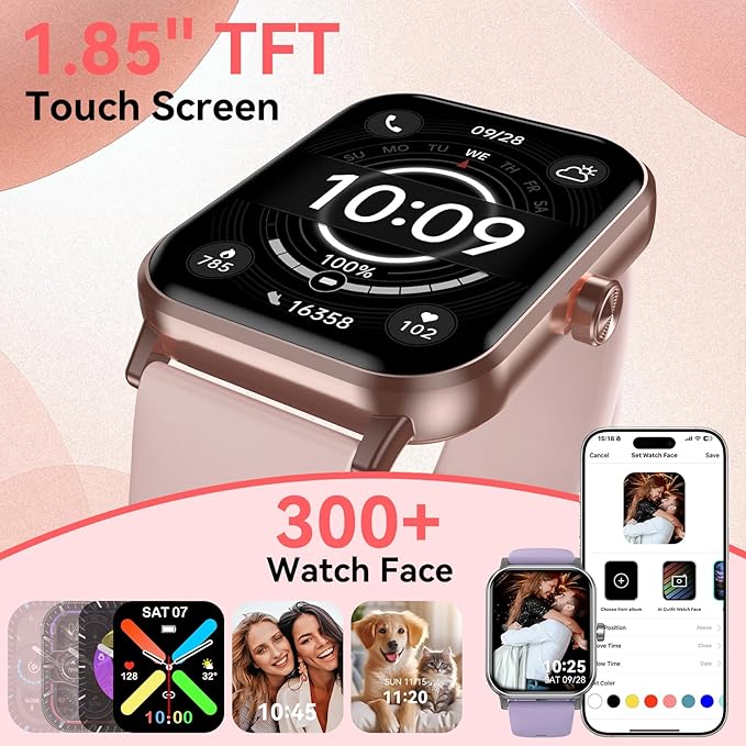 Smart Watch for Men Women, 1.85" HD Fitness Tracker with Bluetooth Calls, 5 ATM Waterproof, 130+ Sport Modes, 24/7 Heart Rate/Sleep Monitor, Pedometer, Calories, Smartwatch for Android iOS (Pink)