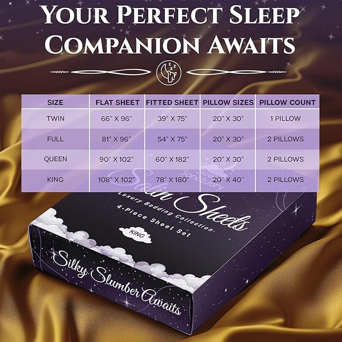 SLEEP SANCTUARY Satin Sheets King Size – 4 Piece Luxury Silky Bed Set, Softer Than Silk, 15" Deep Pocket, Cooling & Wrinkle-Free, Moisture-Wicking & Breathable for Hair & Skin (Gold)