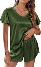 Ekouaer Women Satin Pajamas Set Ruffle Sleeves Silk Pj Set Soft V Neck Sleepwear Loungewear