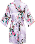 Women's Short Kimono Robes Bride and Bridesmaid Satin Floral Bathrobe Peacock Sleepwear Dressing Gown for Wedding Party