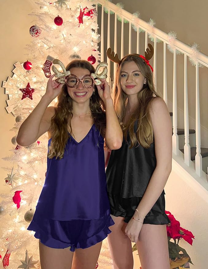 Ekouaer Satin Pajama Set for Women Silk Pjs for Women Set Camisole Top and Shorts with Ruffle Sleepwear