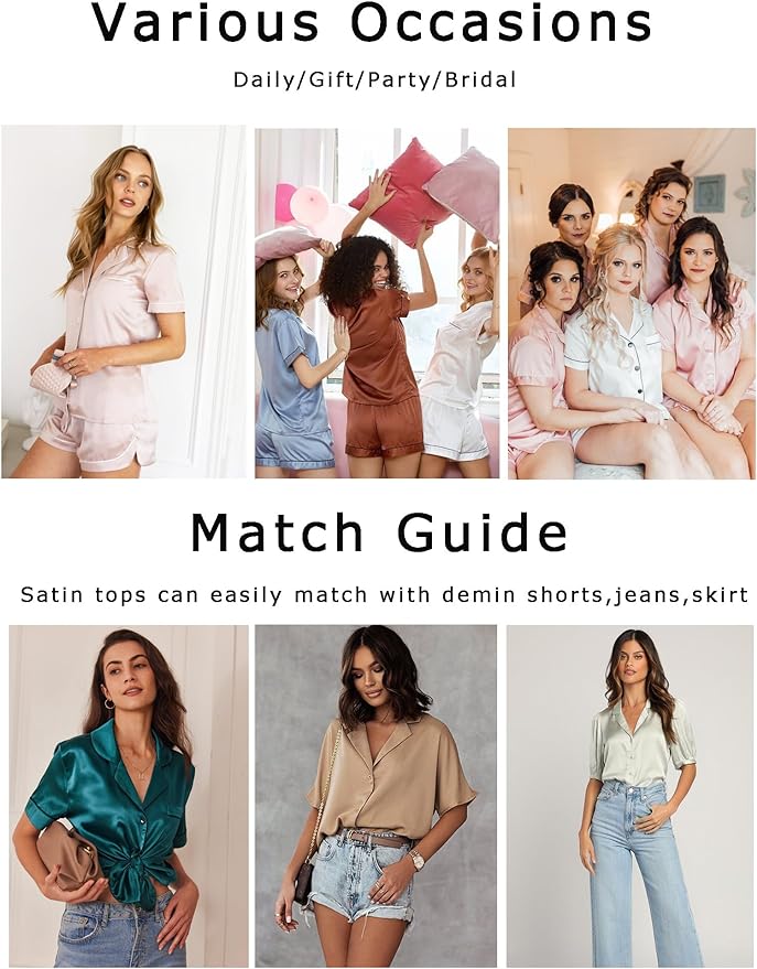 Ekouaer Womens Silk Satin Pajamas Set Short Sleeve Sleepwear Button Down Loungewear 2 Piece Pjs Shorts Set S-5X Plus Size