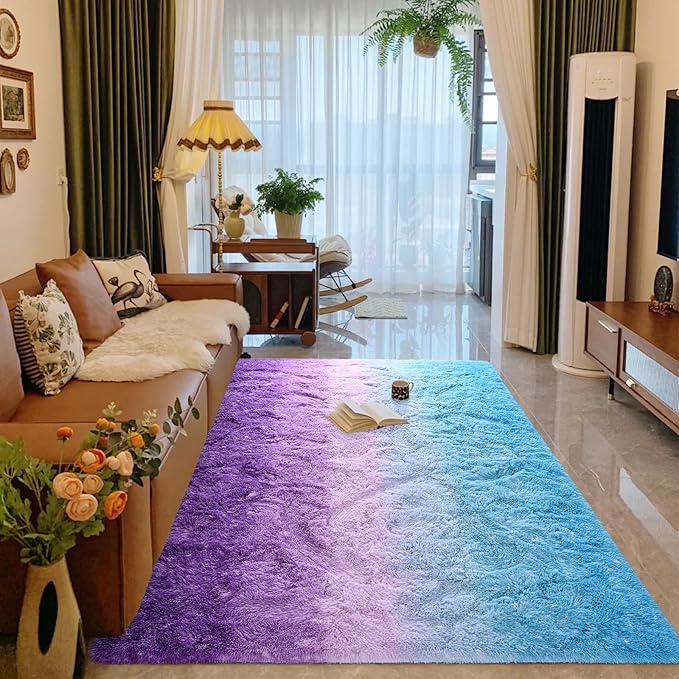 Purple Blue Area Rug 6x9 Large Rugs for Living Room Bedroom, Fluffy Cute Rug Modern Carpets for Kids Room, Non-Skid Rectangular Indoor Gradient Rug for Girls Boys Nursery Room Home Decor
