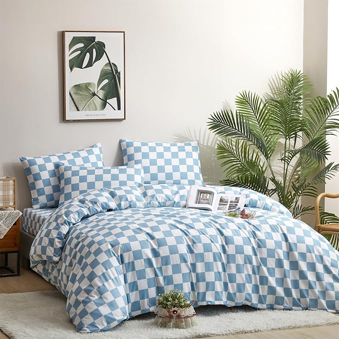 CLOTHKNOW Blue White Plaid Queen Comforter Set Grid Bedding Comforter Sets Soft Light Blue Comforter Checker Queen Size Comforter Sets