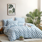 CLOTHKNOW Blue White Plaid Queen Comforter Set Grid Bedding Comforter Sets Soft Light Blue Comforter Checker Queen Size Comforter Sets