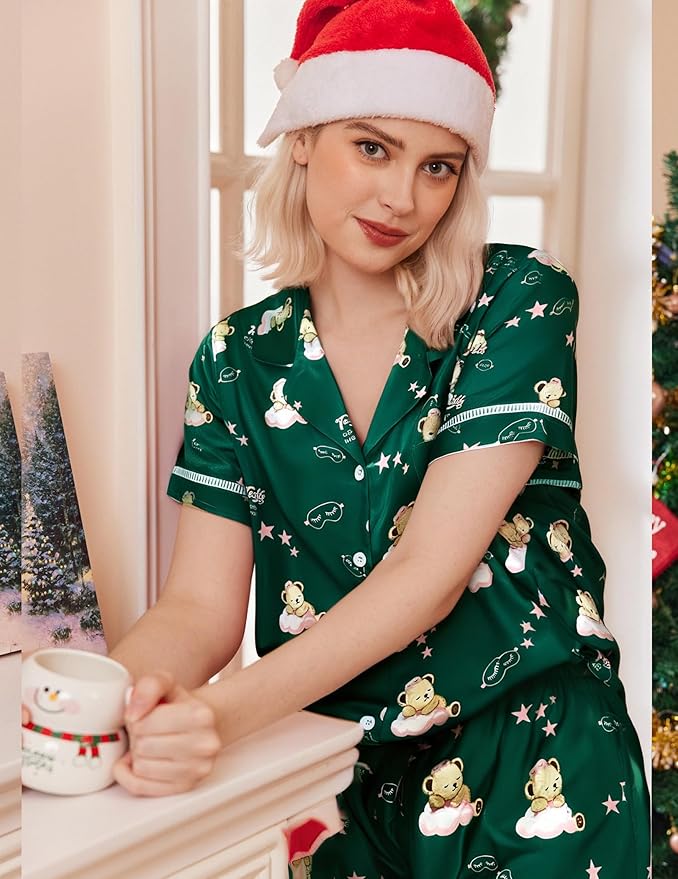 Ekouaer Womens Silk Pajama Sets Button Up Satin Pjs Short Sleeve 2 Piece Pj Sets Cute Lounge Sets with Chest Pocket