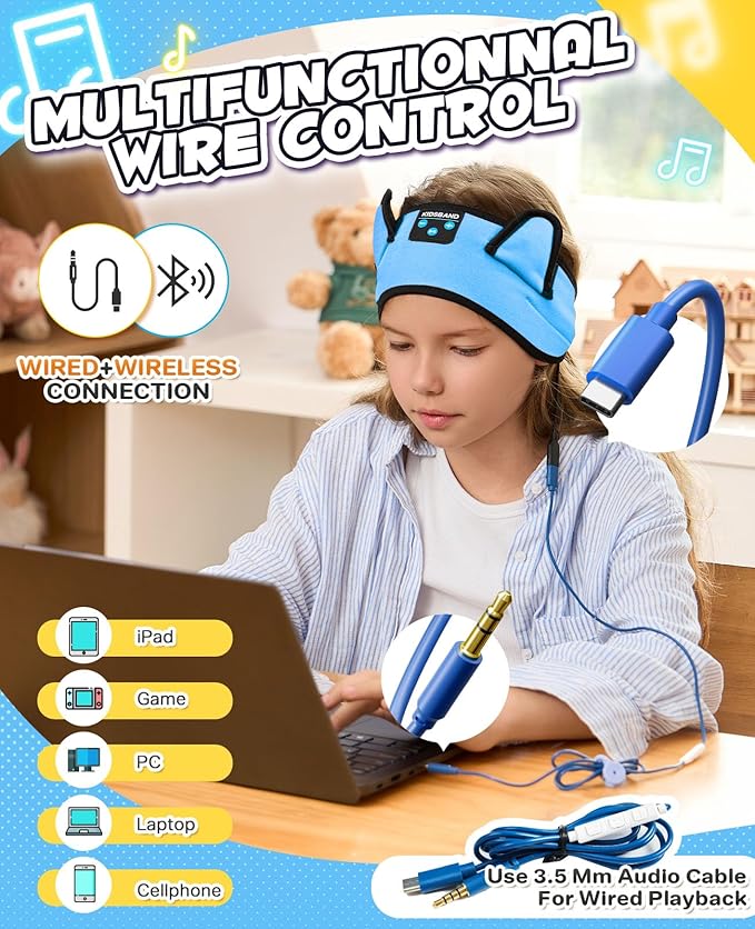 Kids Headphones, Headband for Children Baby & Toddlers, Bluetooth Toddler Headphones Wireless and Wired Playback 3.5 MM Jack for School, Stretchy & Comfy Travel Accessories