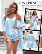 EPLAZA 3 Pcs Silk Pajamas for Women Satin Pajama Set Sexy Lace V-neck Cami Top Shorts Pjs Set with Robe Sleepwear