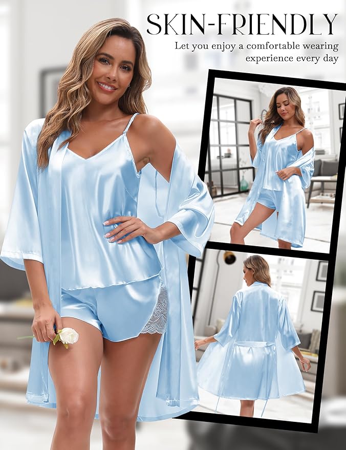 EPLAZA 3 Pcs Silk Pajamas for Women Satin Pajama Set Sexy Lace V-neck Cami Top Shorts Pjs Set with Robe Sleepwear