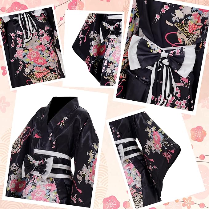Kimonos for Women Japanese Style Satin Kimono Robe with Bow Belt Fan Hair Accessory and Tabi Socks