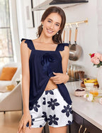 Ekouaer Women's Pajamas Sets 2 Piece Bow Bridal Pajama Cute Tank Top and Shorts Pjs Soft Ruffle Sleepwear XS-2XL
