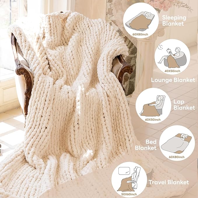 Chunky Knit Blanket - Luxury Soft Cozy 80 * 90 Throw Blanket,100% Woven Blanket Rope Knot Throw Blanket for Couch, Sofa, Home Decor, Gift - Machine Washable (Cream, 80 * 90)