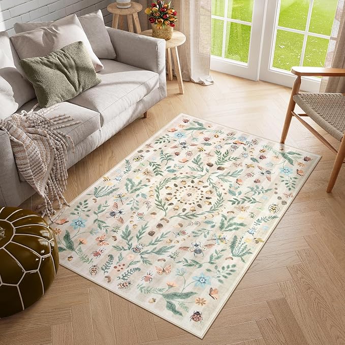 Lahome Chloe Insect Botanical 3x5 Washable Rugs for Entryway Soft Rug for Bedroom, Beige Kitchen Rugs Non Slip Washable, Boho Floral Indoor Throw Carpet for Bathroom Laundry Living Room(Beige,3x5)