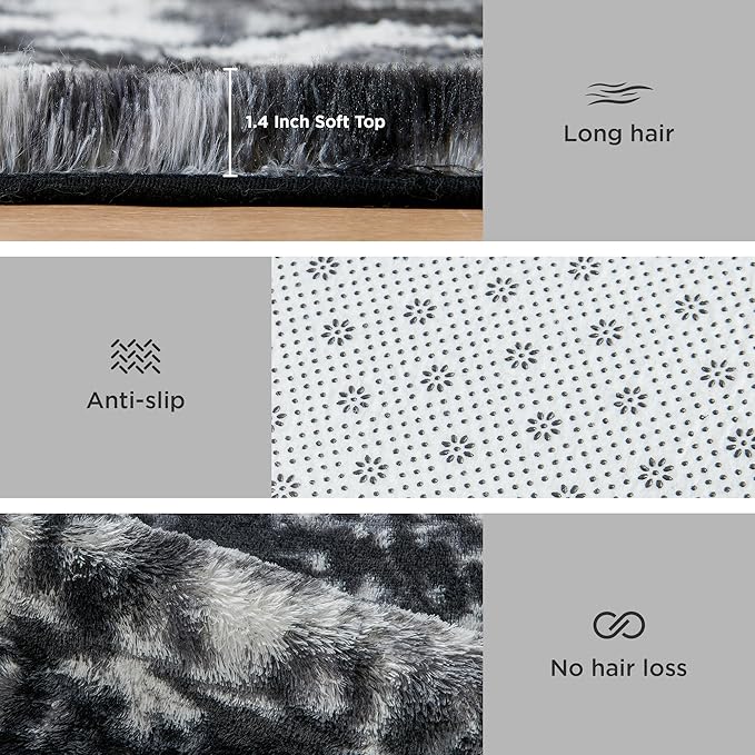 Litanika 9x12 Fluffy Shag Faux Fur Area Rug for Living Room Bedroom, Tie-Dyed Black White High Pile Soft Plush Shaggy Furry Bedside Playroom Dorm Carpet, Non-Slip, Non-Shedding Modern Indoor Floor Rug