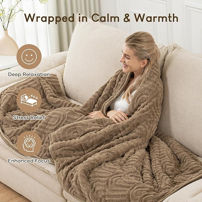 Cottonblue Jacquard Weighted Blanket for Adults 15 lbs Twin Size, Cozy Fluffy Sherpa Fleece Weighted Throw Blankets 60" x 80" for Sleep Relax, Fuzzy Warm Arch Heavy Blanket Soft for Bed Couch, Khaki
