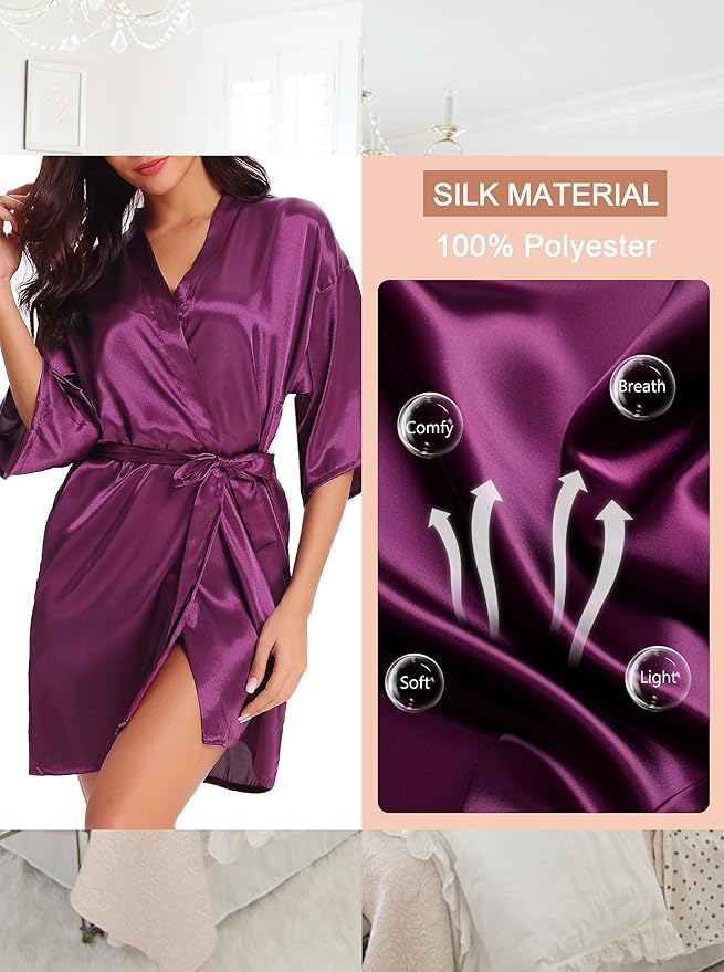 Women's Short Satin Robe Silky Bathrobes Bridal Bridesmaid Kimono Robe V-Neck Sleepwear S-XXL