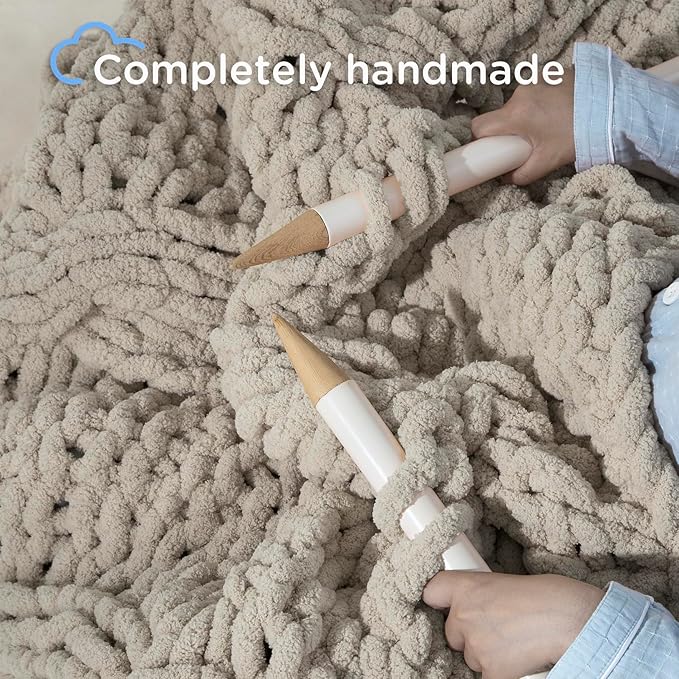 Chunky Knit Blanket Throw - 100% Hand Knitted Thick and Warm Throw for Winter, Linen, 50x60 Inches, Crochet