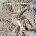 Chunky Knit Blanket Throw - 100% Hand Knitted Chunky Soft Throw Blanket for Couch, Thick and Warm for Winter, Linen, 40x50 Inches