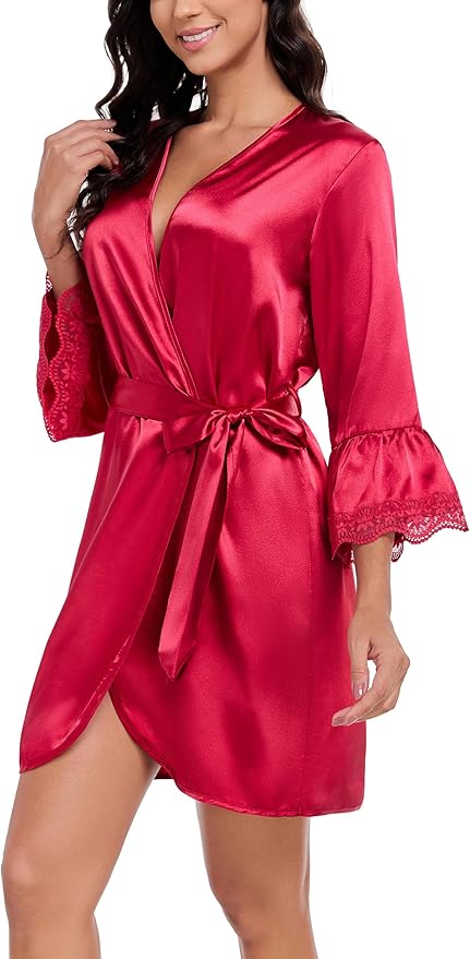 Lace Trim Satin Robes for Women Bride Bridesmaid Silky Kimono Robe Valentines Lingerie with Bell Sleeves
