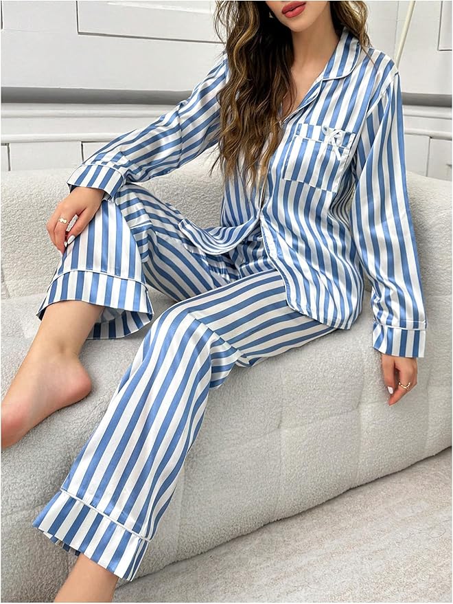 WDIRARA Women's 2 Piece Bowknot Print Satin Pajama Set Long Sleeve Button Down Lounge Pants Sleepwear Sets
