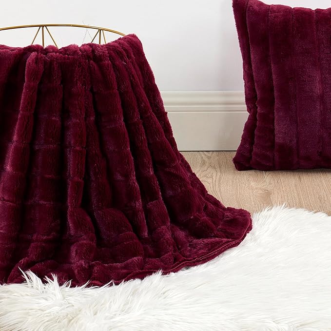 Striped Throw Blanket and Pillow Covers Set (No Inserts) for Couch and Bed, Plush Warm Lightweight Fuzzy Faux Fur Blanket for All Seasons (50" x 60", Burgundy)